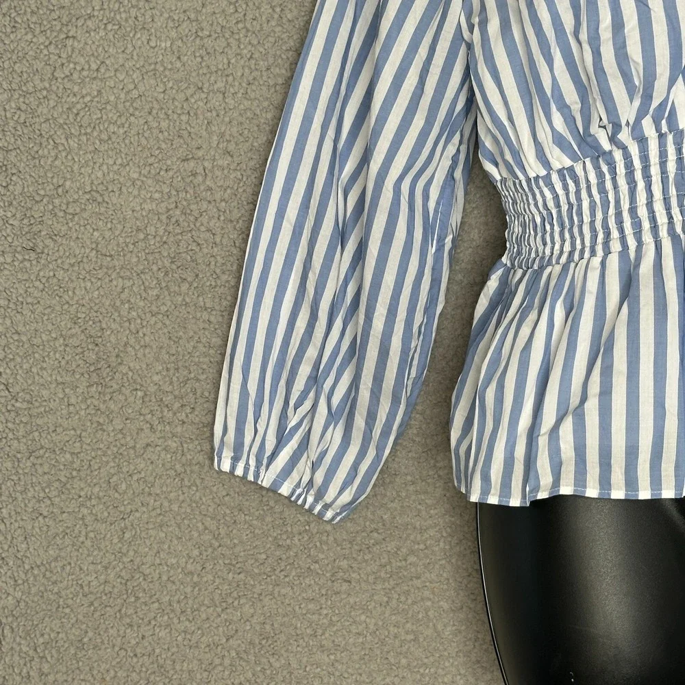 J.Crew Womens Blue White Stripe Babydoll Blouse XS Long Slv Smocked Waist Cotton - Picture 5 of 12